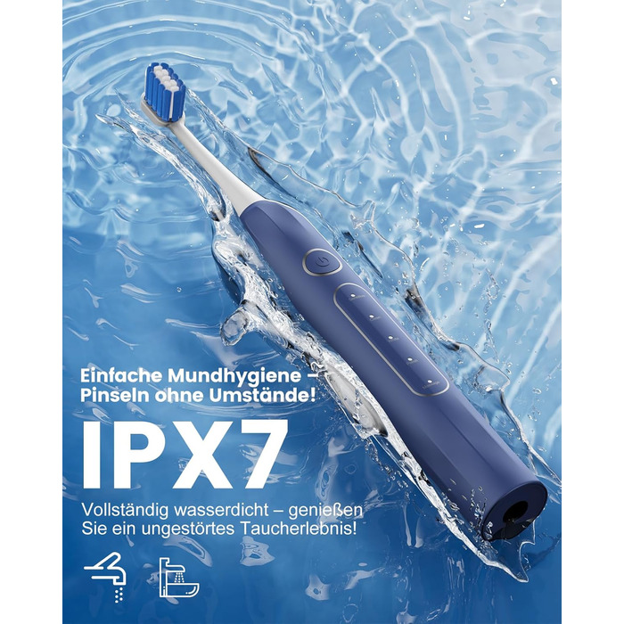 Електрична зубна щітка зі звуковою технологією, 5 режимів, таймер 30s, відбілює зуби за 2 тижні, 8 змінних насадок, IPX7, блакитна