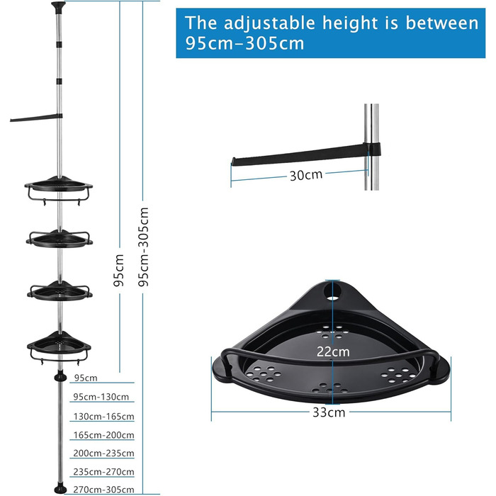 GRICOL Adjustable Height Shower Shelf No Drilling Corner Shelf Stainless Steel Corner Shelf Bathroom Shelf with 4 Baskets and 1 Towel Holder for Bathtub and Bathroom, Rustproof, 95-305CM, Black