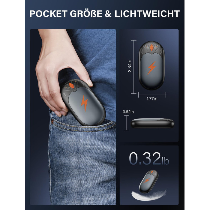 Електричні грілки для рук 2 шт. - Ultraleicht, перезаряджаються, портативні, 3 режими нагріву, до 24 годин, багаторазові USB грілки для рук для активного відпочинку взимку (сірий)