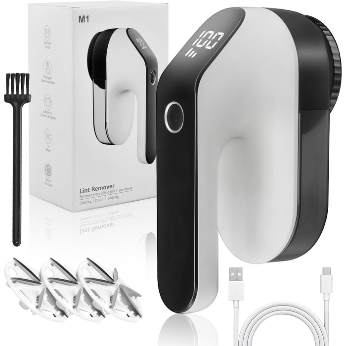 Електричний видалення ворсу Fusselrasierer з LED-дисплеєм, 3 режими потужності, USB, 3 змінні леза, для всіх тканин