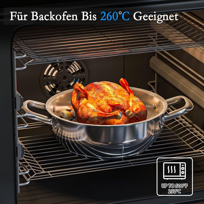 Набір каструль Induktion 12-частинний з нержавіючої сталі з тришасим дном, включає пароварку, 3 захисні диски для сковорідок та кухонне приладдя, безпечний у духовці до 250°C та придатний для миття в посудомийній машині, для всіх типів плит