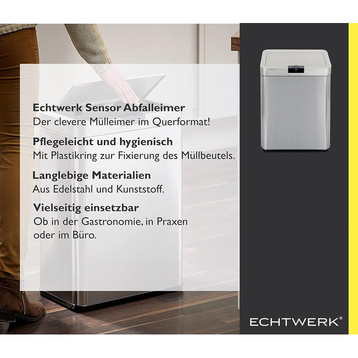 Сміттєвий бак сенсорний Echtwerk, 48 л, нержавіюча сталь, срібний, з інфрачервоним датчиком руху та функцією Soft Close