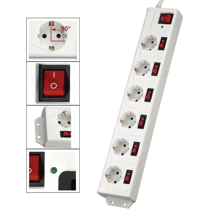 Мережевий фільтр Hama з 6 розетками, захист від перенапруги, поворот на 90°, монтаж на стіну, XL роз'єми, кабель 1,4м