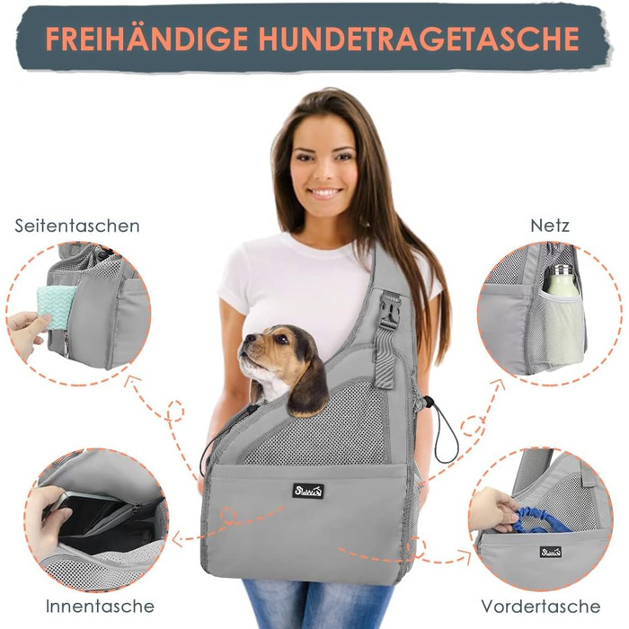 Dog-friendly baby sling/wrap for dogs, hands-free travel bag for small pets with adjustable straps, hardboard base, safety belt, for dogs up to 2.8kg, wider version (L - For pets under 5.5kg), Grey