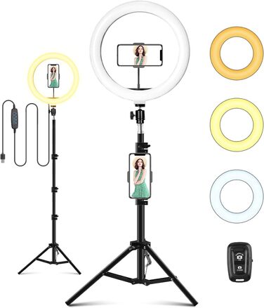 Ринглайт LED 10 дюймів зі штативом для смартфона, з пультом керування, USB, 3 режими світла, 11 рівнів яскравості, для макіяжу, стрімінгу, селфі, відеодзвінків, влогів