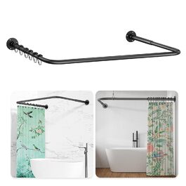 Регульована душова штанга U-подібної/L-подібної форми, 60-92 x 78-196 x 60-92 см, з 12 кільцями для шторки та підпоркою для стелі, чорна. Підходить для ванни/ванної кімнати. Потрібне свердловий монтаж.