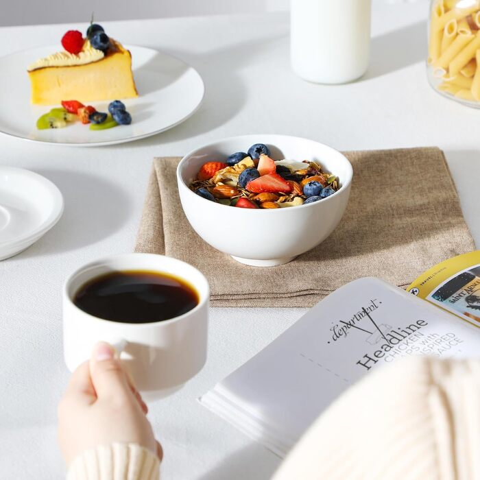 MALACASA Набір з 8 порцелянових мисок для мюслі та супу, 420 мл, кремово-білий, 12.8x12.8x6.5 см