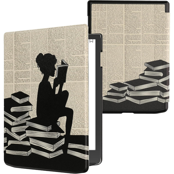 Чохол-книжка kwmobile для Pocketbook InkPad 4/Color 3/Color 2, Vivlio InkPad 4 - Чохол для eReader, Magnolien Taupe Weiß Blaugrau (жінка читає)