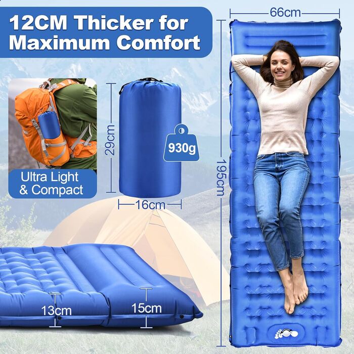 Wholede Self-Inflating Insulated Sleeping Pad for Camping - Lightweight & Waterproof Mat for 1 Person - Ideal for Backpacking, Hiking, Trekking & Tent Use