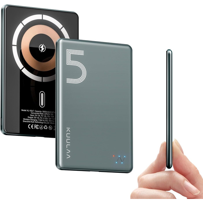 Power Bank Kuulaa Ultra Slim Magsafe, 5000mAh, Бездротова зарядка, Type-C, 20W, для iPhone 15/14/13/12, Space Gray