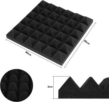 Акустичний поролон самоклейний Sonnewelt, 24 шт. (5x30x30 см), 3D пірамідні панелі для звукоізоляції та поглинання ехо в студію, офіс, чорний