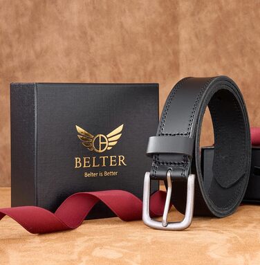 Чоловічий шкіряний ремінь BELTER 38 мм з подарунковою коробкою, чорний. Розміри: 32W-35W (105 см), 44W-47W (135 см)