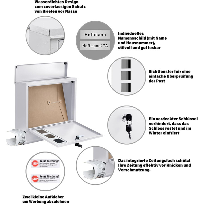 Поштовий ящик Zedelmaier Anthrazit RAL 7016 з газетницею та індивідуальним табличкою з нержавіючої сталі та 3D номером будинку, сучасний, стійкий до погодних умов, подвійне порошкове покриття