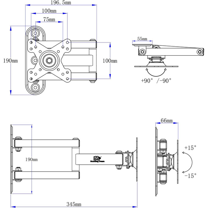 Кріплення для монітора Mounting Dream MD2463-03: настінна штанга, поворотний, нахильний, VESA 100x100, до 15 кг, 10-26 дюймів