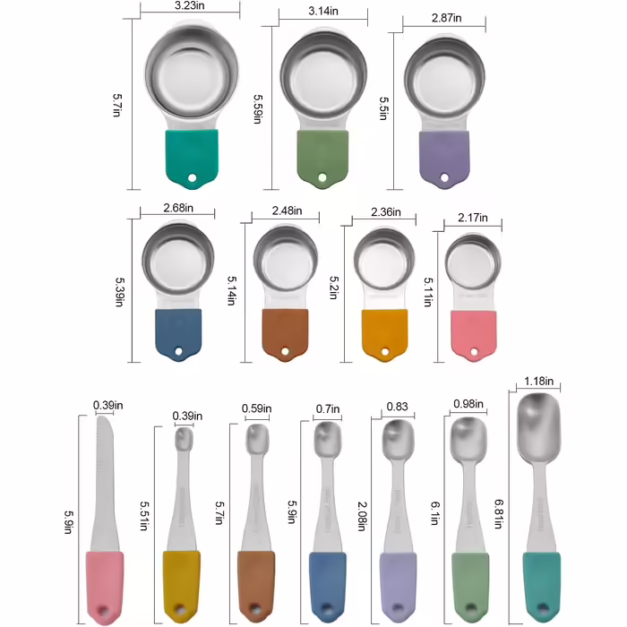 EDELIN Magnetic Measuring Cup and Spoon Set, Stainless Steel, 7 Cups and 6 Spoons with 1 Leveler, 18/8 304 Stainless Steel (Multicolor, 14 Sets)