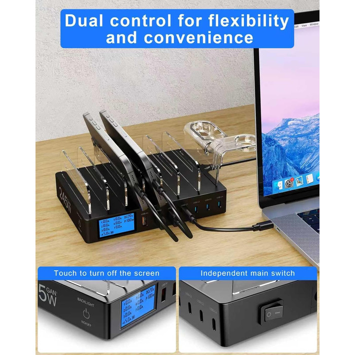 Зарядна станція 245W для декількох пристроїв, 7 портів USB, LCD-дисплей, кабель 7 шт. + тримач для iWatch, для iPhone, планшетів та іншої електроніки - чорна