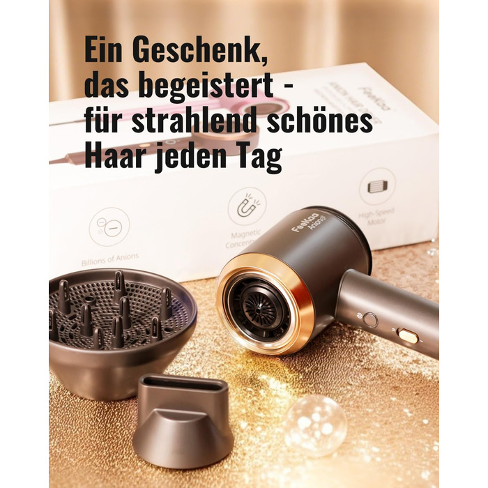 Іонський фен Feekaa з дифузором та магнітною насадкою, для подорожей та кучерявого волосся, 4 температурні режими, матовий чорний