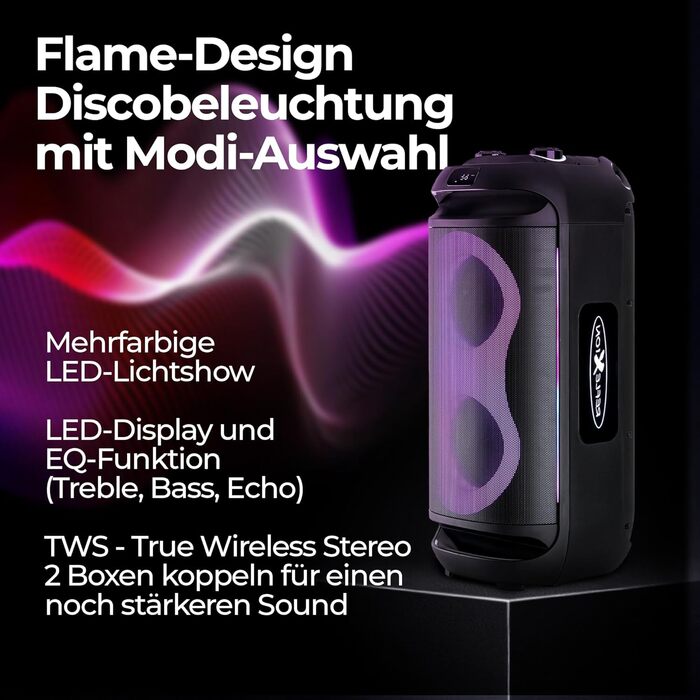 Reflexion PS09BT Bluetooth Портативна Акустика для Вечірок, DJ, Караоке, 500 Вт, FM Радіо, LED Ефект, Мікрофон, Вбудований Акумулятор, Чорний