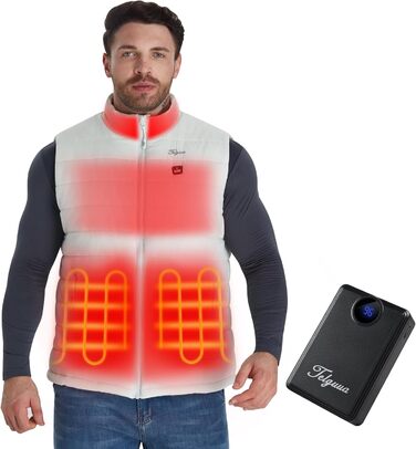 Електрична гріюча жилетка для чоловіків Telguua з Powerbank 12000mAh, 3 температурні режими, 4 зони обігріву, USB-живлення, для катання на лижах та роботи на вулиці (L, Біла)