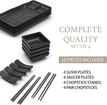 Японський набір суші на 16 осіб – 4 тарілки, 4 мисочки для соусу, 4 пари паличок, 4 підставки – з меламіну, чорний