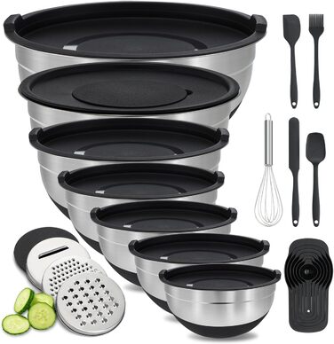 BEWOS 7-Piece Mixing Bowls with Lid, Stainless Steel Mixing Bowls with Grater, Nesting Design & Non-Slip Bottom Mixing Bowl, Sizes 4.5, 4, 3.5, 2.1, 1.5, 1.1, 0.7 Qt for Mixing & Serving