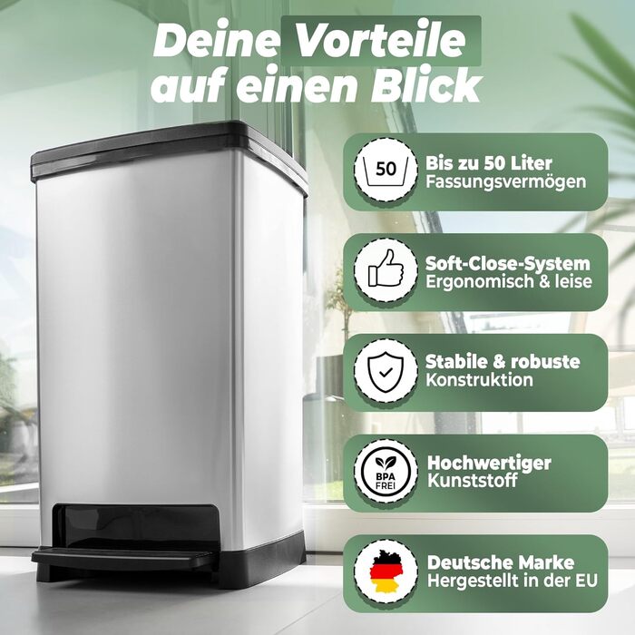 Нівалів Відро для сміття 50л з педаллю, м'яким закриттям та герметичним кришкою - відро для кухні та інші приміщення