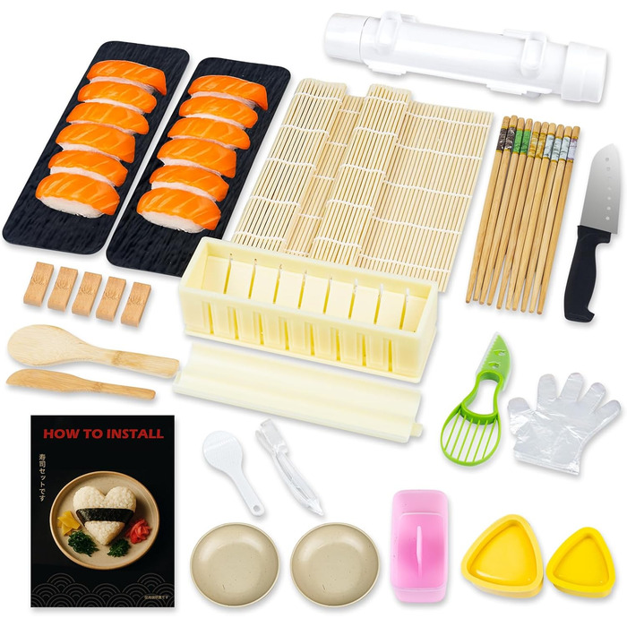 Набір для приготування суші 31 предмет – професійний набір з бамбуковою килимком, дозатором рису, формами для суші та кухонними аксесуарами – ідеально для домашніх суші, сашімі та макі-ролів