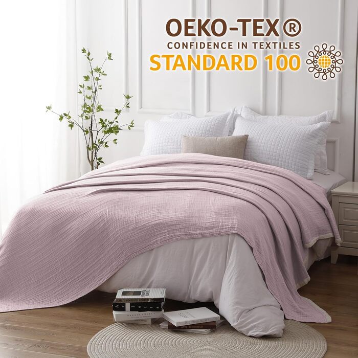 М'яка ковдра Softexly з бавовни 100%, 4-шарова муслінова ковдра, плед для ліжка, дивана, вітальні. Плед для дивана, ліжка, вітальні, 130x150 см, білий (фіолетовий)