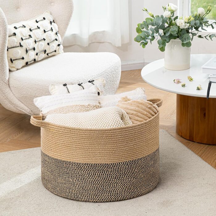 TIMEYARD Storage Basket, Storage Basket for Kids, Children's Laundry Basket, Large Christmas Tree Basket, Basket for Blankets, Baby Toys, Woven Basket, 55x35cm, Black & Jute