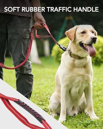 Тактична повідок для собак Joytale, еластична повідок з двома зручними ручками, страхувальний ремінь для автомобіля, повідок без ривка для собак середніх, великих та екстра-великих порід (1.2м-1.8м, червона)