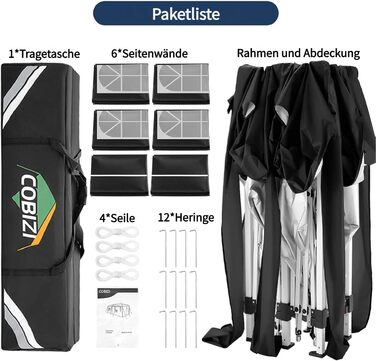 COBIZI Pavilion 3x3 Waterproof Folding Pavilion with 4 Side Panels, Outdoor Folding Pavilion, Stable UV Protection 50+, Pop-Up Garden Pavilion, Party Tent for Outdoors, Garden, Party, Wedding, Market (Black, 3x6m)