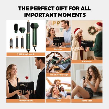 Набір для укладки волосся 5 в 1: фен, плойка, брашинг, термощітка, для створення об'єму, локонів та випрямлення. Зелений колір