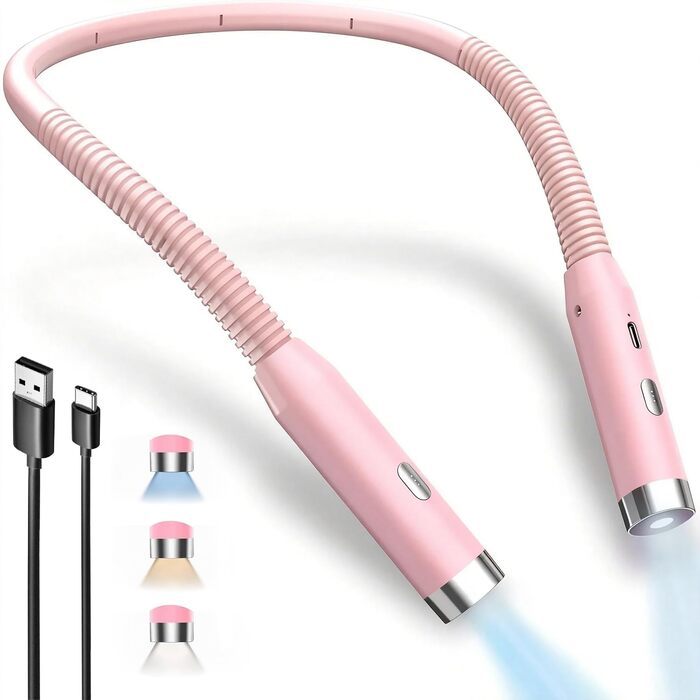LED ліхтарик для читання на шию, 3 кольори, 9 рівнів яскравості, гнучкий, USB зарядка, рожевий