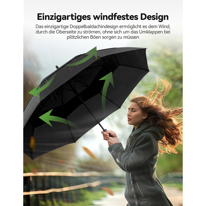 TECKNET Парасолька велика XXL, гольф-парасолька 173 см, штормостійка з подвійною конструкцією, вентильована, з ручкою EVA, для жінок та чоловіків (глибокий чорний, 163 см)