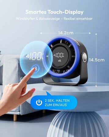 Портативний акумуляторний вентилятор Gaiatop з USB, 5 швидкостей, LED-дисплей, поворотний на 360°, для дому та офісу (блакитний)