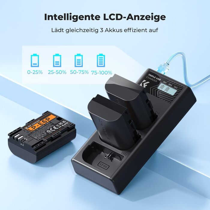 Акумулятор Canon LP-E6P (3 шт.) K&F Concept + Зарядний пристрій на 3 слоти, 2400mAh для Canon EOS R5, R6, R7, 5D Mark IV