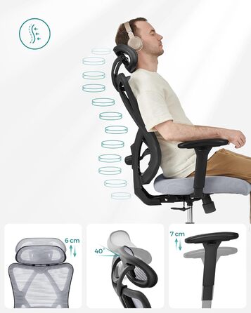 Офісний стіл SONGMICS: ергономічне крісло з регульованою поперековою та підголовною підтримкою, до 150 кг, регульована висота, сірий