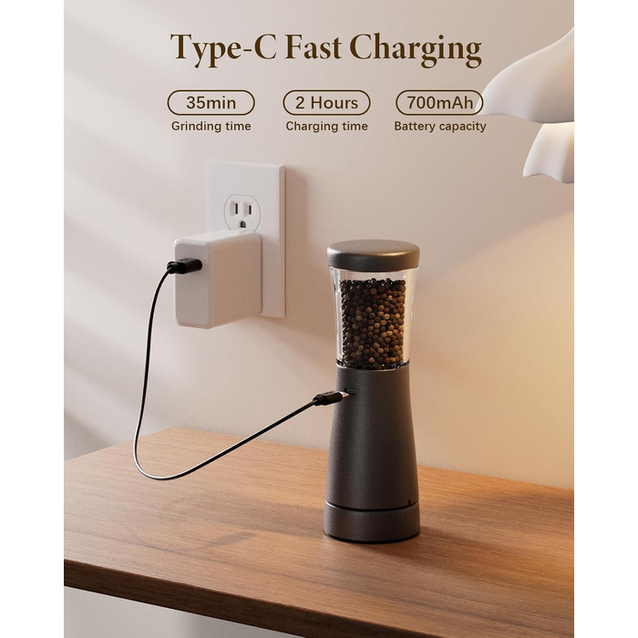 Salt and Pepper Grinder Electric 2-Piece Set with USB Rechargeable, Improved 4.5oz Large Capacity Spice Grinder Electric, Adjustable Coarseness with LED Light, Ideal for the Kitchen (Black/White)