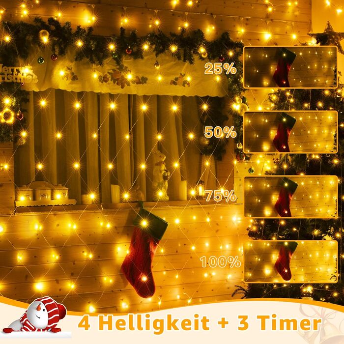 Льод-гірлянда сітчаста на 200 LED, 3x2м, тепле біле світло, з пультом, таймером, вологостійка. Підходить для декорування садів, кімнат, балконів.