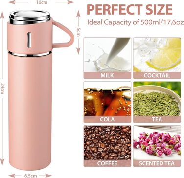Stainless Steel Thermos Flask with Cup and Handle - 500ml Insulated Travel Mug, Leak-Proof, Double-Walled, Vacuum Insulated, Keeps Hot/Cold for 12 Hours - for Kids, Sports, Travel (Black, Pink)