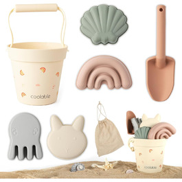 Coolable 6 PCS Beach Toys for Kids, Silicone Beach Toy Set, Includes Bucket, Shovel, and 4 Sand Molds for Boys and Girls (Rainbow)