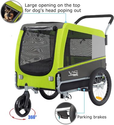 Візок для собак Tiggo VS Pets 2-в-1: візок та велосипедний причіп, великий, 270 л, до 35 кг (зелений)