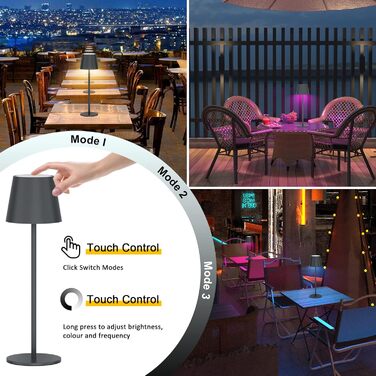 Настільна світлодіодна лампа K-Bright акумуляторна, димована, 2 шт., RGB, USB-C, алюмінієва, водонепроникна IP54, антрацит