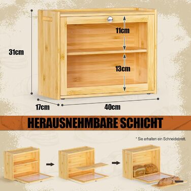 Бредониця з бамбука з вентиляцією, 2 полиці та великим оглядовим вікном, дерев'яний контейнер для хліба, безпечний для харчових продуктів, легкий у догляді, 40x31x17.5 см (EX-MBX01-2C-YUAN)