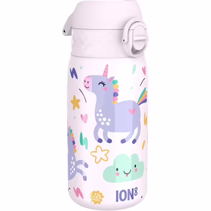 ion8 Insulated Stainless Steel Drinking Bottle 320 ml Leak-Proof One-Hand Opening Secure Lock Dishwasher Safe Flip Lid Carrying Handle Easy to Clean, Durable, Pink Unicorn