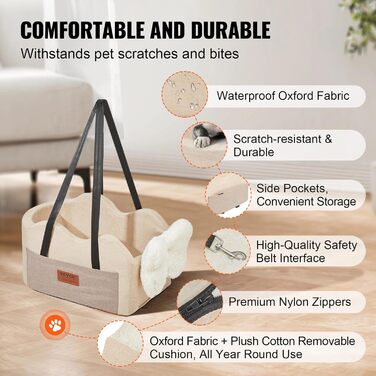 Автокрісло для собак VEVOR, підняття для собак в авто з кишенькою для зберігання, безпечний автотранспорт для домашніх тварин з поворотком, губчаста наповнювач, автоліжко для собак середніх та великих порід до 25 кг (Світло-коричневий, Extra Small)