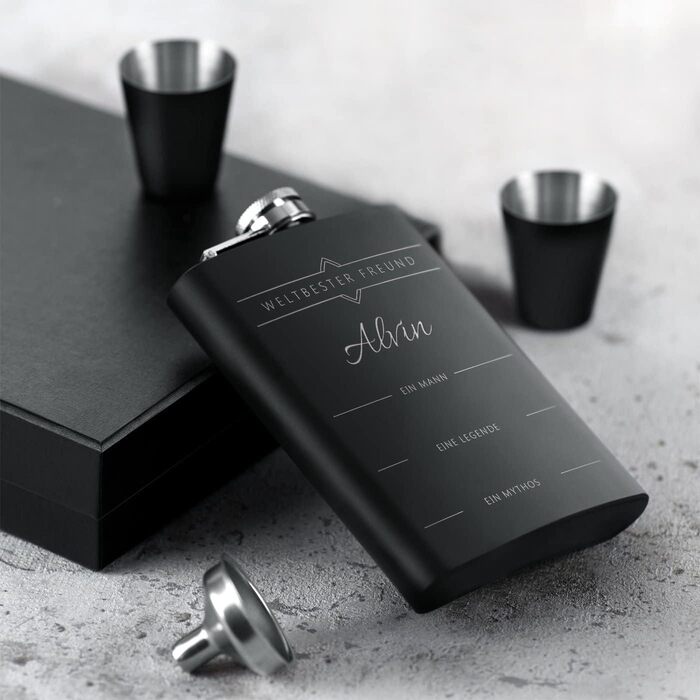 Набір Maverton Flachmann Set: фляга 200 мл з гравіюванням + 4 склянки для шнапсу 20 мл з воронкою - чорна фляга для чоловіків (Дружба)