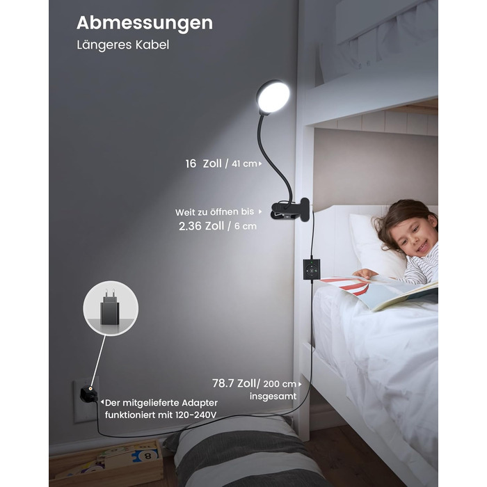 Glocusent 5W LED Лампа для читання на ліжко, кліпса, 36 LED, 5 рівнів яскравості, гнучкий тримач, CRI 90, USB зарядка (біла)