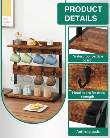Vintage Mug Holder with 8 Hooks, Coffee Cup Holder for Kitchen Countertop, Cup Stand with Storage Bottom, for Kitchen Dining Room Cafe 40 x 15 x 40 cm, Vintage Brown TBJ002H