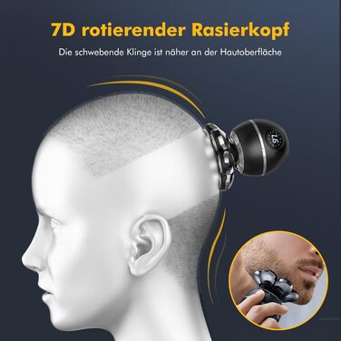Електричний гоління для чоловіків ETENTOUS Glatzen Rasierer - 7D, 6-в-1, для гоління голови, бороди, носа, IPX7, чорний